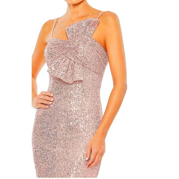 Mac Duggal NEW Sequined Faux Bow Column Gown Spaghetti Strap Rose Pink Size 16
